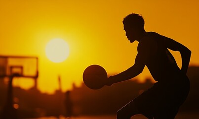 Wall Mural - Silhouette of a basketball player dribbling against a sunset backdrop.