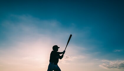 Wall Mural - A silhouetted figure prepares to swing a baseball bat against a vibrant sky backdrop.