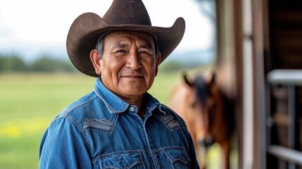 A middle-aged Native American man wearing a cowboy hat poses confidently outdoors, showcasing traditional culture against a vibrant, scenic background.