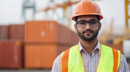 A young South Asian male engineer poses confidently in safety gear at a construction site, ready to manage projects and ensure workplace safety.