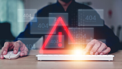 Error page warning caution 404 file not found system on problem computer network or firewall protection for cyber threat attack security risk alert hacker or cybercrime safety or virus prevent.