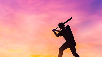 Wall Mural - A silhouetted baseball player prepares to swing against a vibrant sunset backdrop.