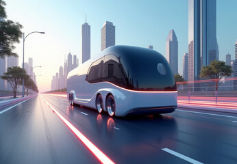 3D futuristic electric van moving along the highway