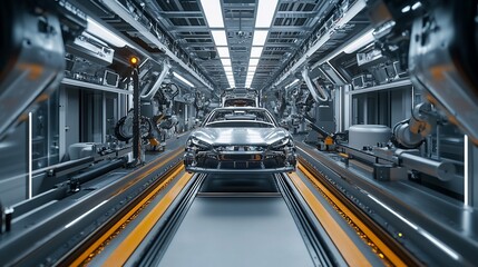 Fototapete - A car is being assembled on a production line in a modern factory.