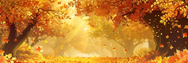 Poster - Beautiful trees in a golden autumn forest showcase vibrant fall leaves under gentle sunlight, creating a serene and peaceful atmosphere. Generative AI