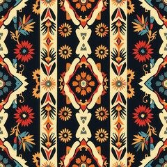 Fototapete - A vibrant pattern featuring flowers and geometric shapes in bright colors set against a deep dark background suitable for various designs. Generative AI