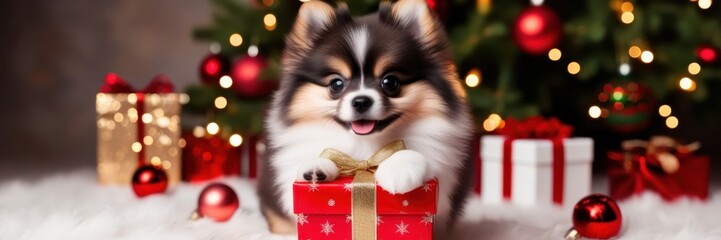 Adorable Pomeranian puppy, Christmas scene, red gift boxes, bokeh lights, Christmas tree background, festive atmosphere, soft focus, warm tones, holiday decorations, fluffy white dog, banner image, st