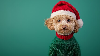 Sticker - Cute Dog in Santa Hat and Green Sweater for Christmas