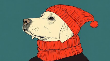 Poster - Cute Golden Retriever Dog Wearing Red Winter Hat and Scarf Illustration