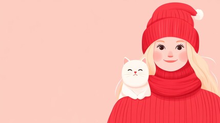 Wall Mural - Cute Girl in Red Winter Outfit with White Cat