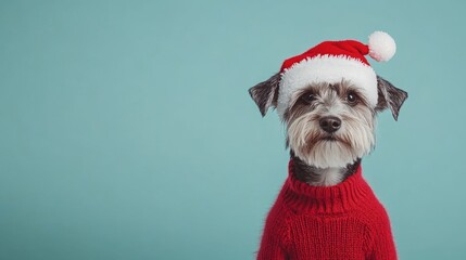 Wall Mural - Cute Dog in Santa Hat and Sweater on Turquoise Background