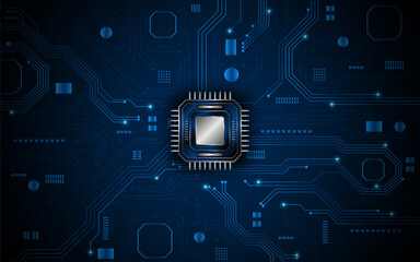 Leinwandbilder - Microchip processor circuit board technology on dark blue background. Information Processing Concept. Circuit board hi-tech technology background. vector illustration	