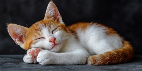 a cat is sleeping on a black surface