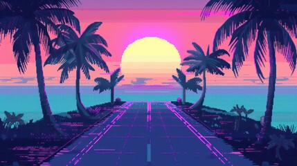 Retro Sunset on a Pixelated Highway