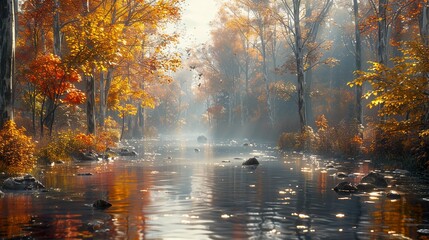 Canvas Print - Autumn Forest River Landscape - Golden Leaves and Mist