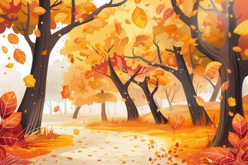 Aufkleber - Wander through a golden autumn forest where trees showcase bright fall leaves and a peaceful path invites exploration. Generative AI