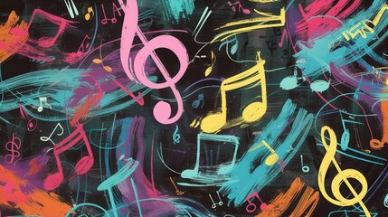 Poster - Colorful brushstrokes dance across the chalkboard, intertwining with musical notes and symbols, creating a vibrant artistic display. Generative AI