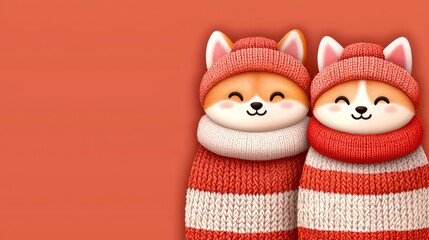 Wall Mural - Cute Cartoon Dogs in Winter Hats and Scarves