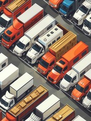 Fototapete - A row of trucks and vans is parked at a warehouse, all set for loading and scheduled distribution activities. Generative AI