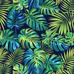 Poster - A colorful arrangement of tropical leaves fills the background, showcasing various shades of green in a lively and dynamic pattern. Generative AI