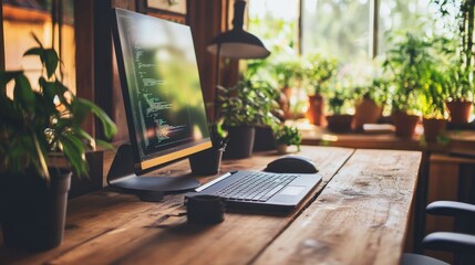Computer Screen with Code on Wooden Desk
