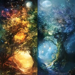 Wall Mural - Two Worlds - A Fantasy Tree Separating Day and Night.