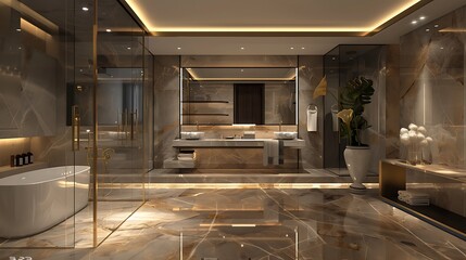 Luxury bathroom and toilet with marble tile floor and large mirror