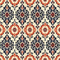 Poster - This colorful fabric showcases a stunning decorative pattern with floral motifs, combining navy blue and coral on a cream backdrop. Generative AI