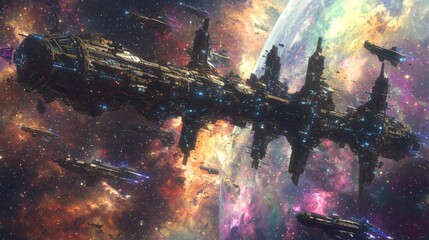 Wall Mural - starship docking in spaceport : a massive starship approaching a futuristic space station in orbit a