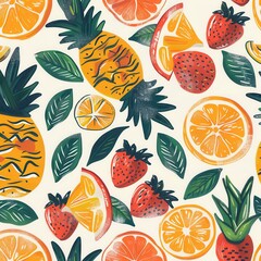 Leinwandbilder - An artistic display of various tropical fruits, including pineapples, strawberries, and citrus slices, showcases vibrant colors and textures. Generative AI