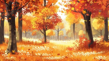 Poster - A beautiful autumn forest displays trees with brilliant orange, yellow, and red leaves, illuminated by gentle sunbeams. Generative AI