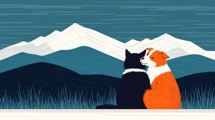 Poster - Two Dogs Looking at Snowy Mountain Range