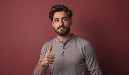 Confident man with thumbs up gesture against burgundy background