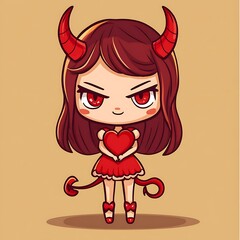 Wall Mural - Cute Devil Girl Holding a Heart.