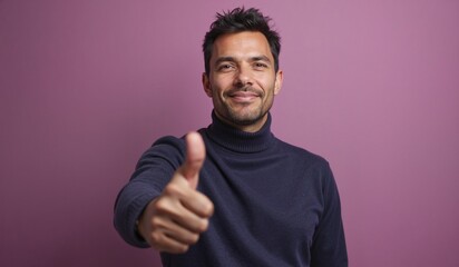 Man with confident smile giving thumbs up against pink background