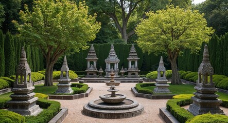 Wall Mural - Ornate garden with sacred trees and stone altars