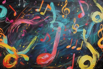 Aufkleber - A vibrant chalkboard showcases an artistic blend of colorful brushstrokes intertwined with musical notes, creating an engaging atmosphere. Generative AI