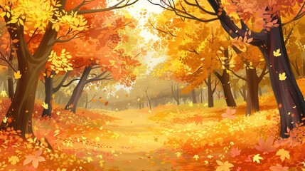 Aufkleber - The serene forest is alive with golden hues as foliage transforms into brilliant autumn colors, inviting peaceful exploration beneath the canopy. Generative AI