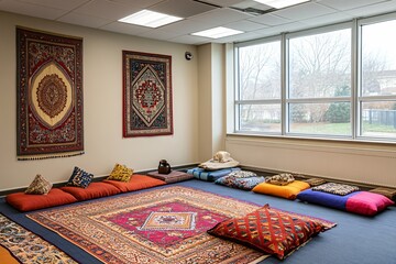 Colorful Community Space with Tapestries and Cushions