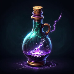 A glass bottle with a cork stopper, containing a purple potion and glowing with electric blue and purple energy. The bottle is cracked and has a golden base, and the energy extends to the ground, crea