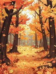 Aufkleber - A peaceful forest path is lined with trees displaying brilliant fall foliage, creating a picturesque autumn atmosphere. Generative AI