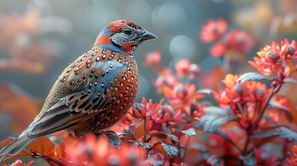 Canvas Print - Colorful Bird Perched on Branch with Red Flowers