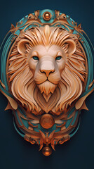 A bold lion symbol representing the Leo zodiac, with a golden mane and fierce expression, embodying strength, courage, and loyalty under the summer sun.