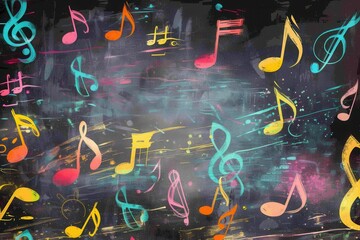 Poster - A chalkboard showcases a bright mix of musical notes and symbols, painted with lively brushstrokes, inspiring creativity in the classroom. Generative AI