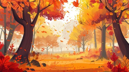 Aufkleber - The forest glows in rich autumn colors, with trees draped in bright leaves as gentle breezes scatter them across the ground. Generative AI