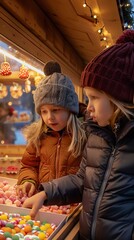 Kids looking at candy and pastry on Christmas market, Crowd in the mall