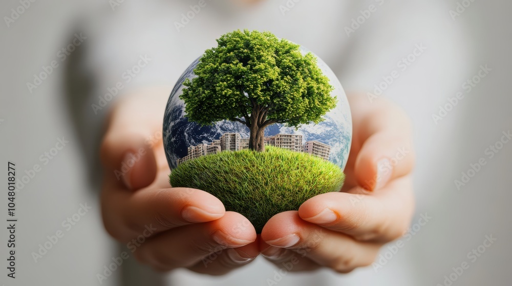 feminine nice hands holding a mini planet earth made of grass with tree ...
