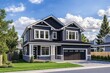 © thiquynh - an elegant home with dark gray and white exterior paint colors, a large front yard, blue sky, green grass, and a silver car parked on the driveway