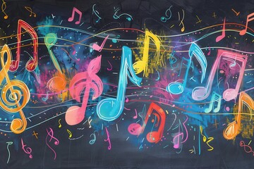Poster - A vibrant chalkboard display showcases colorful brushstrokes intermingled with musical notes and symbols, celebrating creativity and music. Generative AI