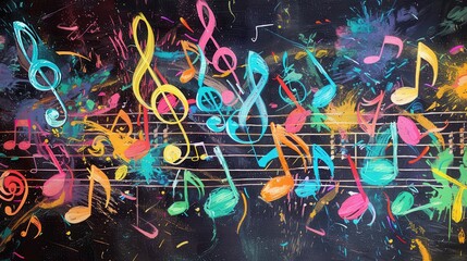 Aufkleber - A vibrant chalkboard displays an artistic blend of colorful brushstrokes and musical notes, showcasing creativity in a lively environment. Generative AI